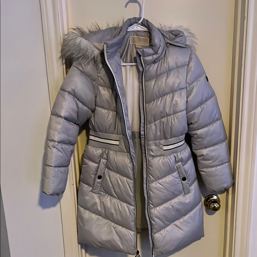 Michael Kors Silver Puffer Coat with Detachable Hood